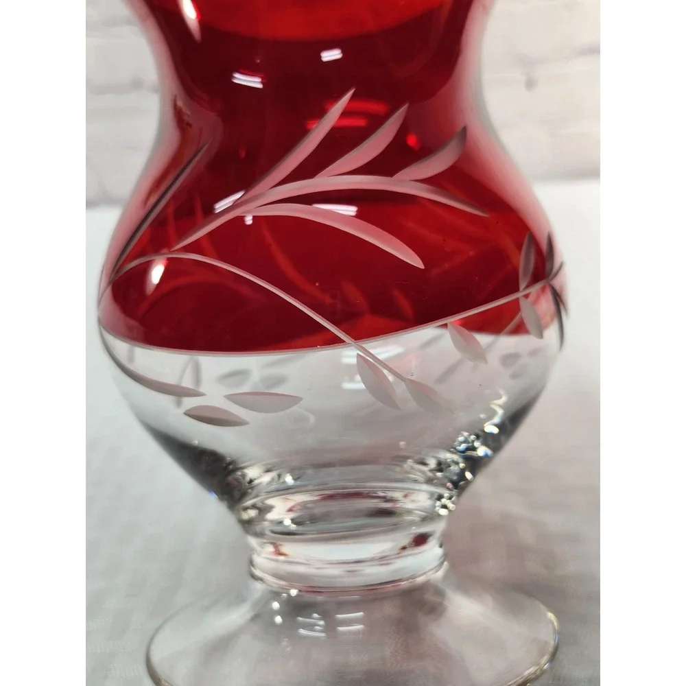 Stunning Lenox Floral Ruby Red Etched Crystal Hurricane Vase / Candle Holder